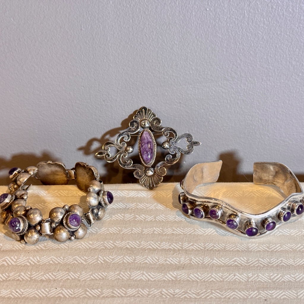 Lot Of 3 Vintage Mexico Sterling Silver & Amethyst Bracelet, Cuff And Brooch